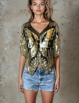 Original Vintage Late 1970's Gold & Black Silk Sequin Butterfly Top UK 6 - 14