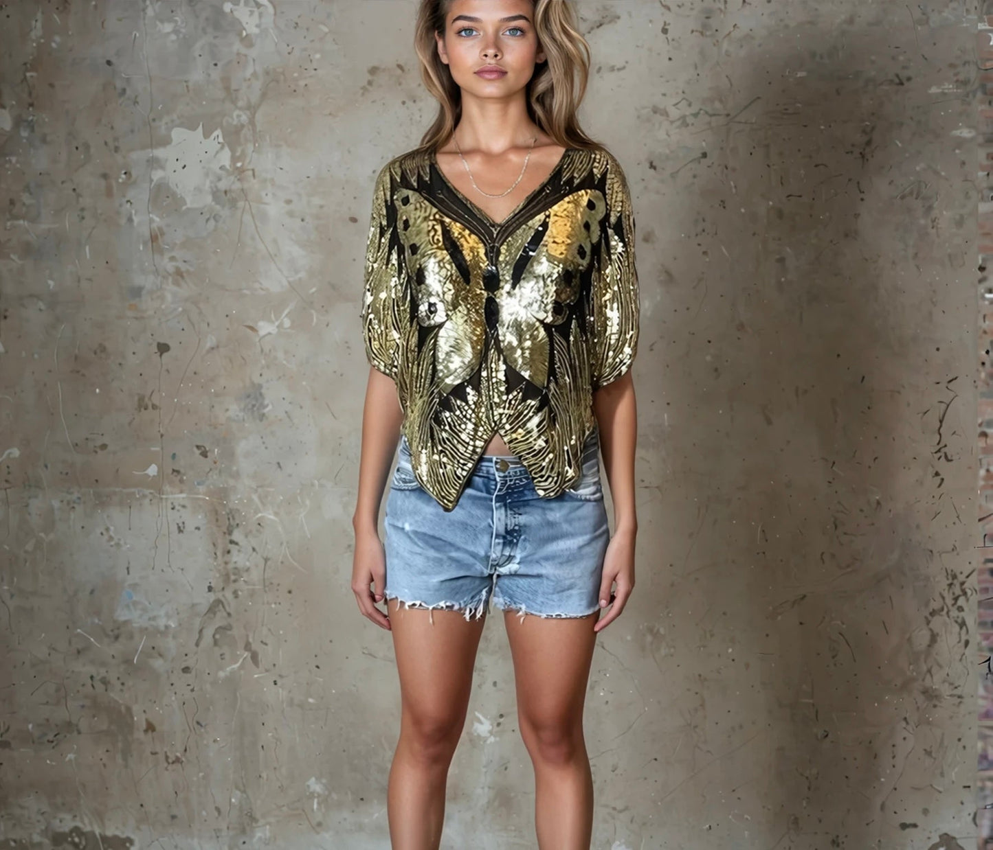 Original Vintage Late 1970's Gold & Black Silk Sequin Butterfly Top UK 6 - 14