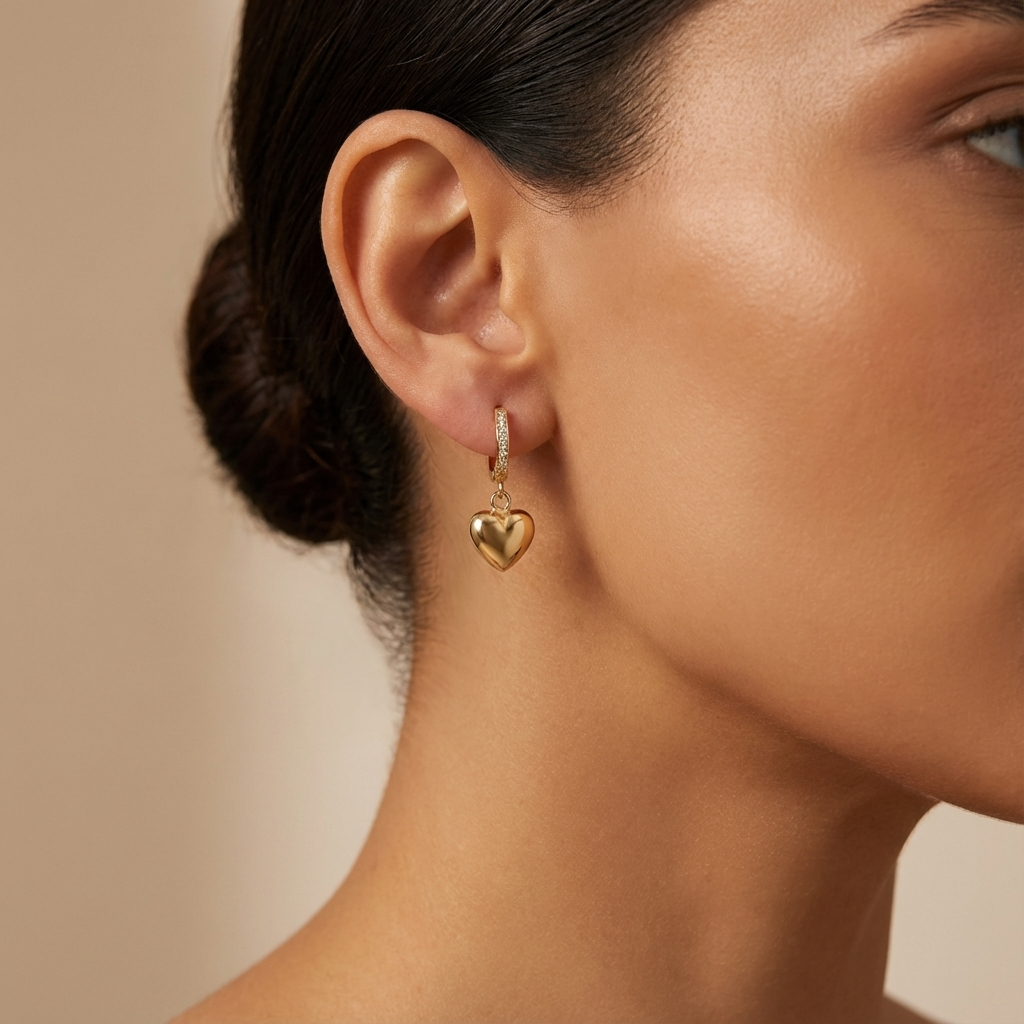 Golden Heart Drop Hoop Earrings