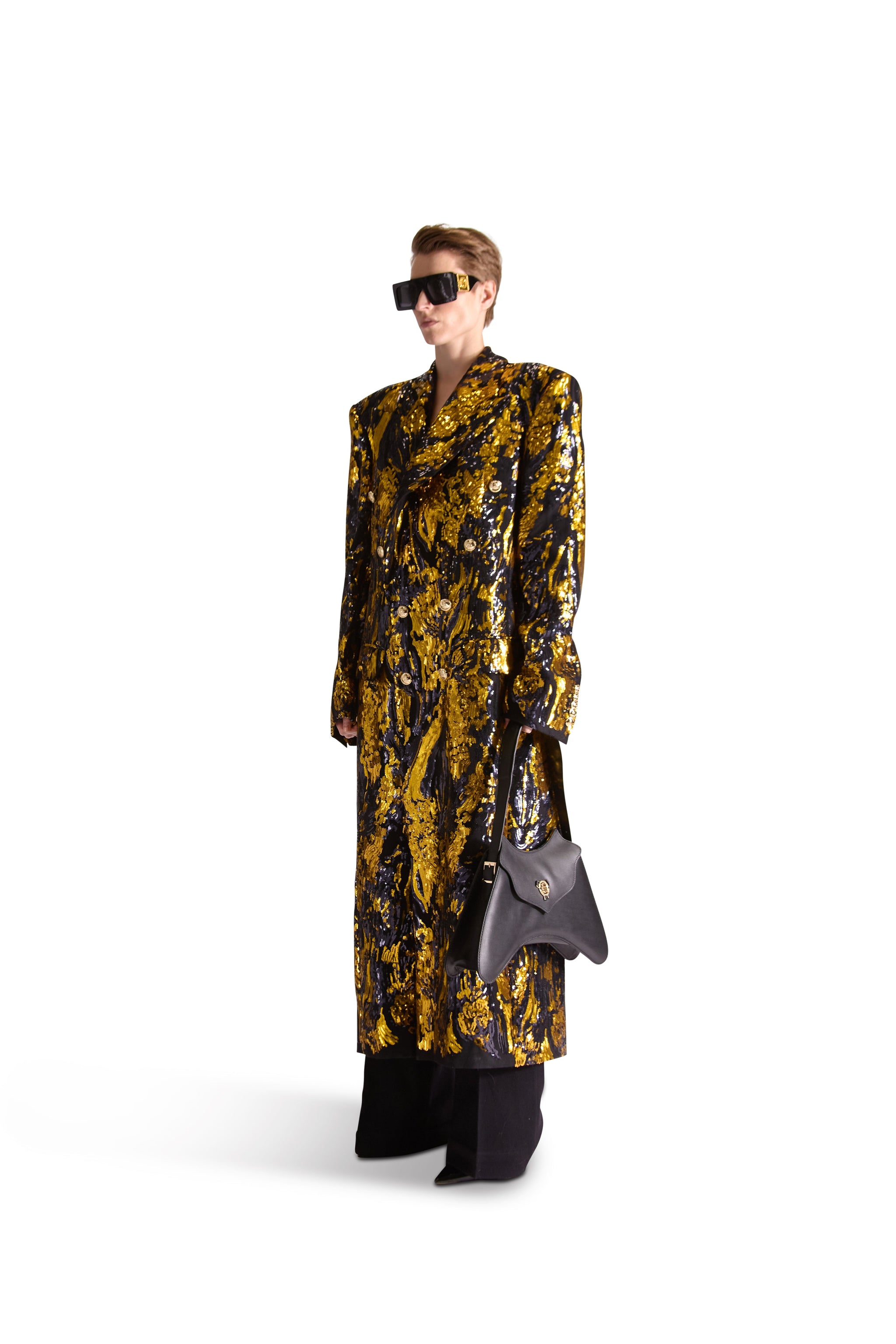 Hand Embroidered Peak Lapel Double Breasted Long Coat