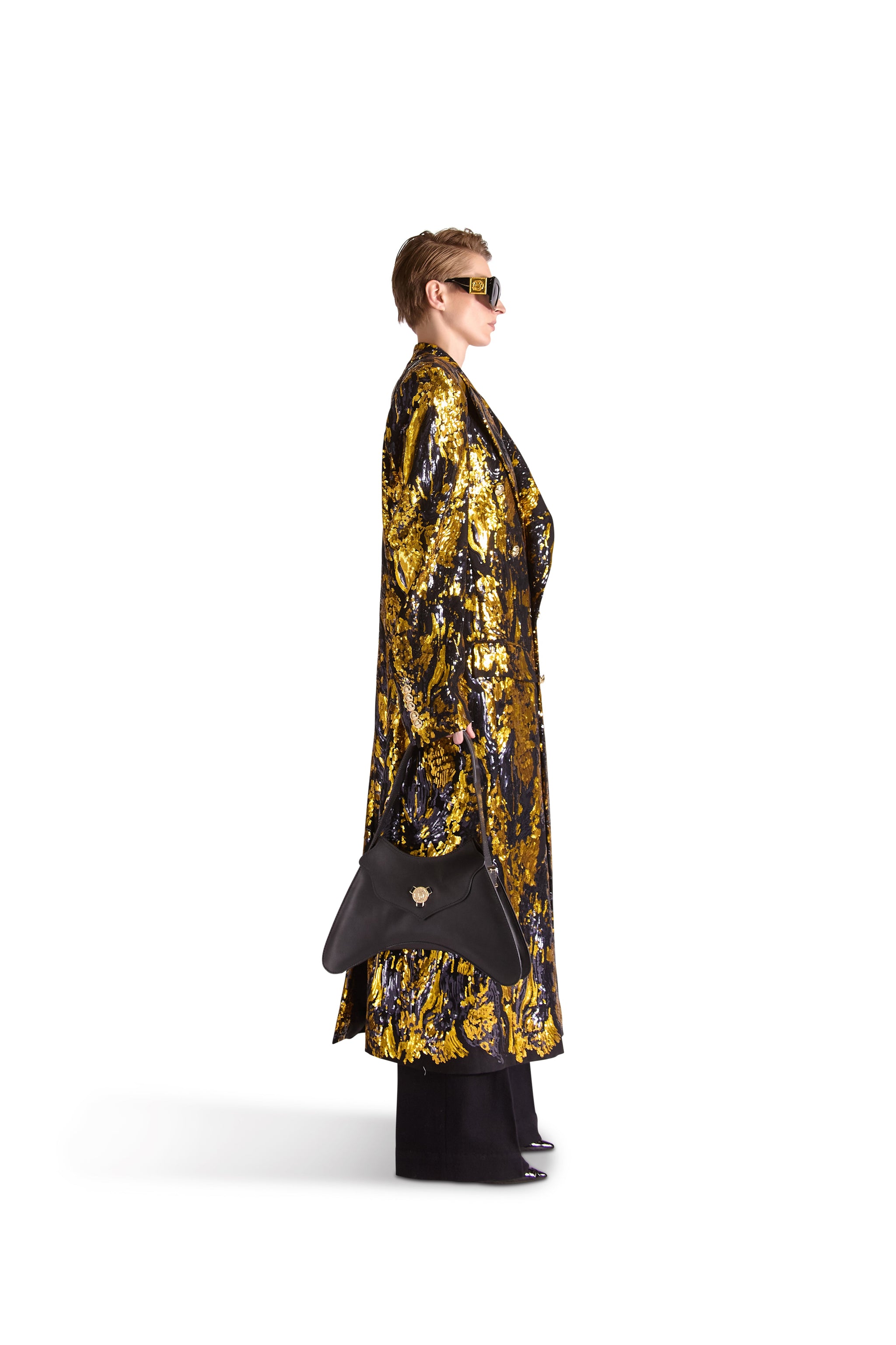 Hand Embroidered Peak Lapel Double Breasted Long Coat