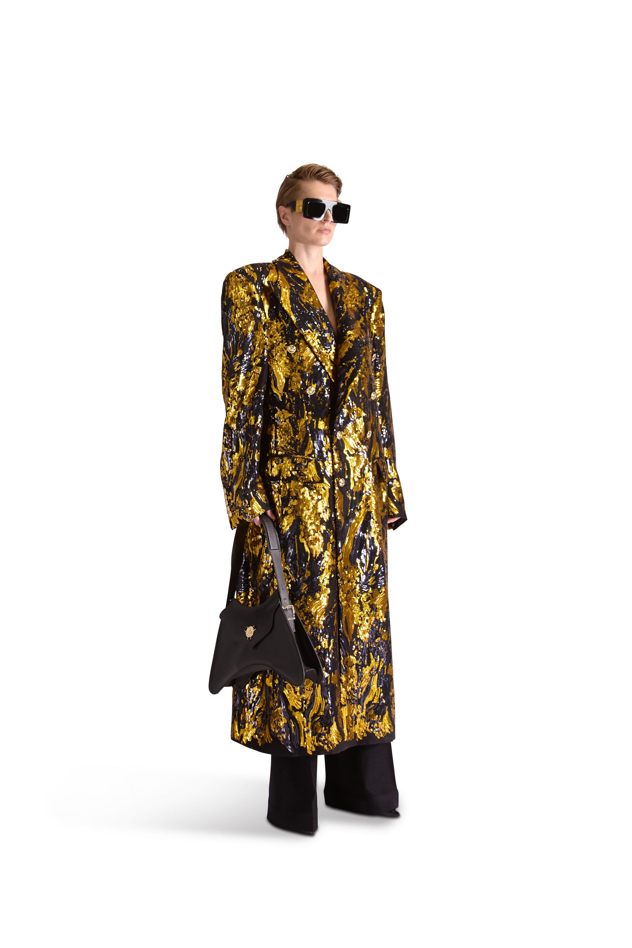 Hand Embroidered Peak Lapel Double Breasted Long Coat