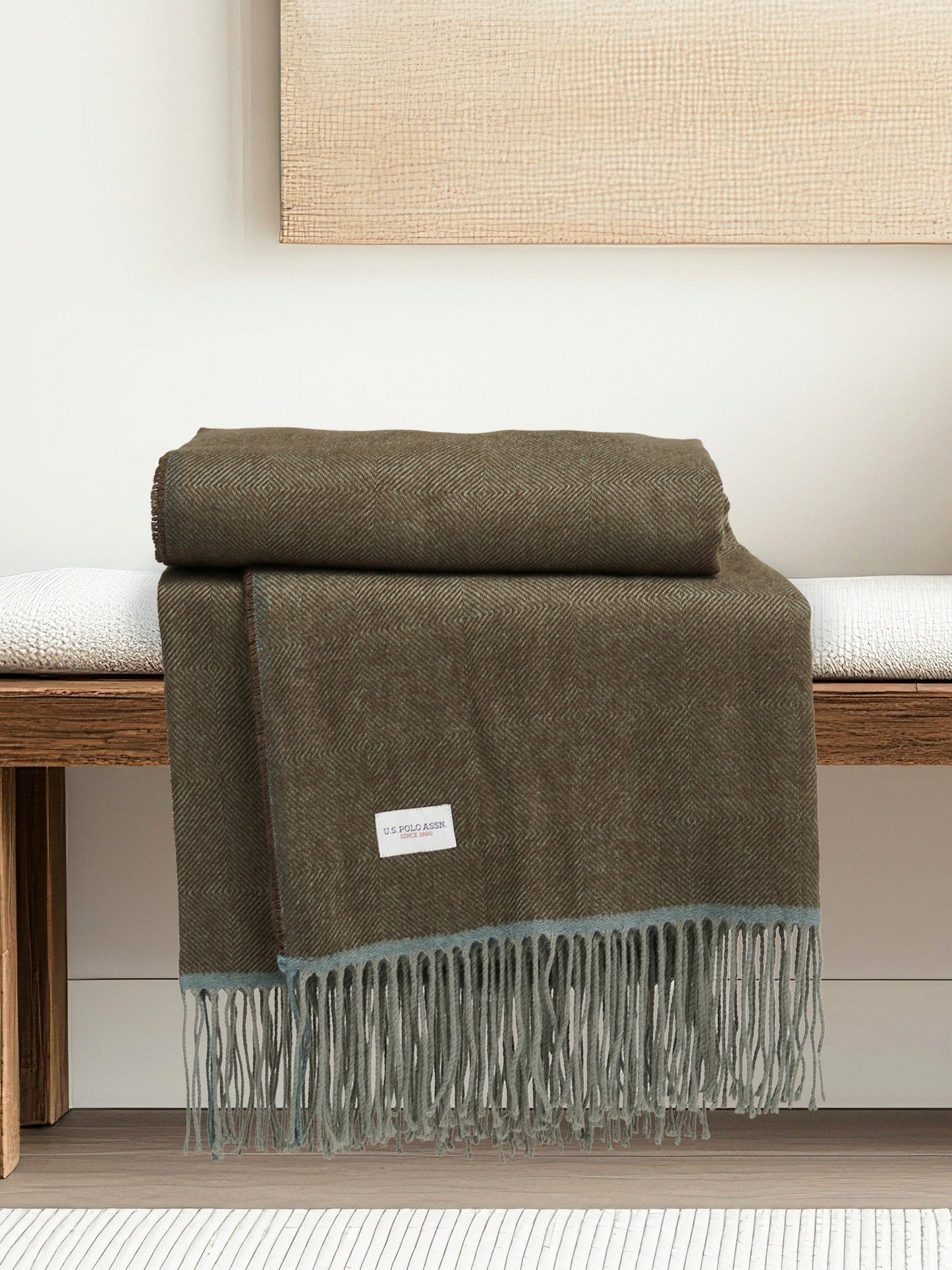 Luxurious Herringbone Boxed Throw in Desert Palm