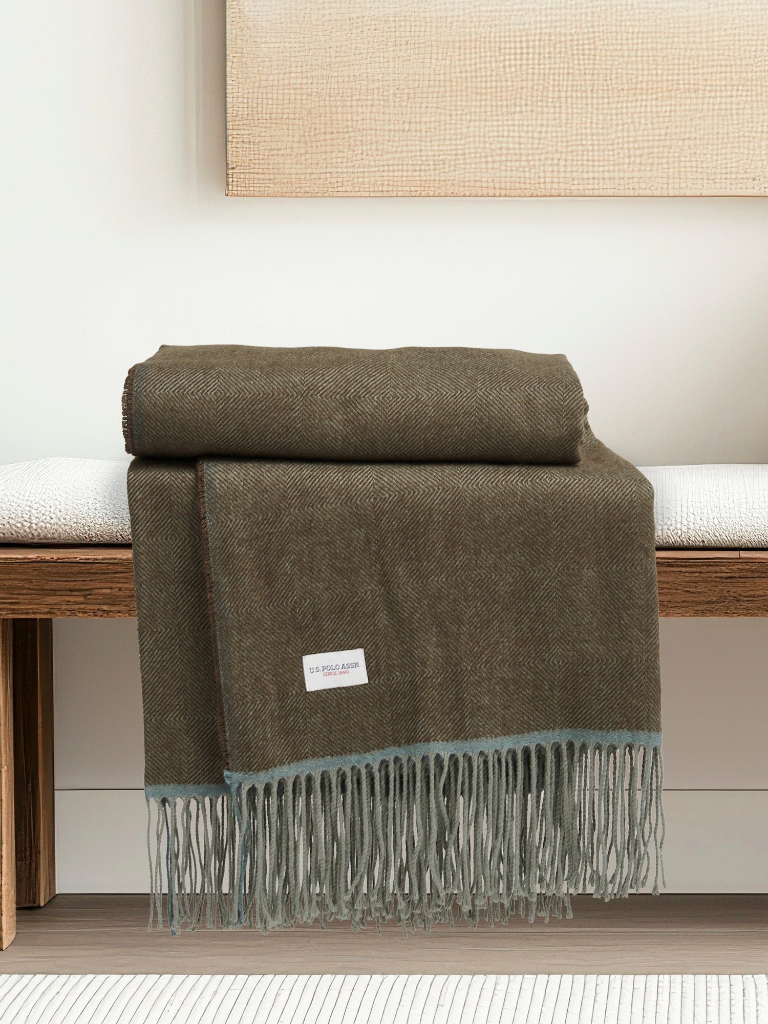 Luxurious Herringbone Boxed Throw in Desert Palm