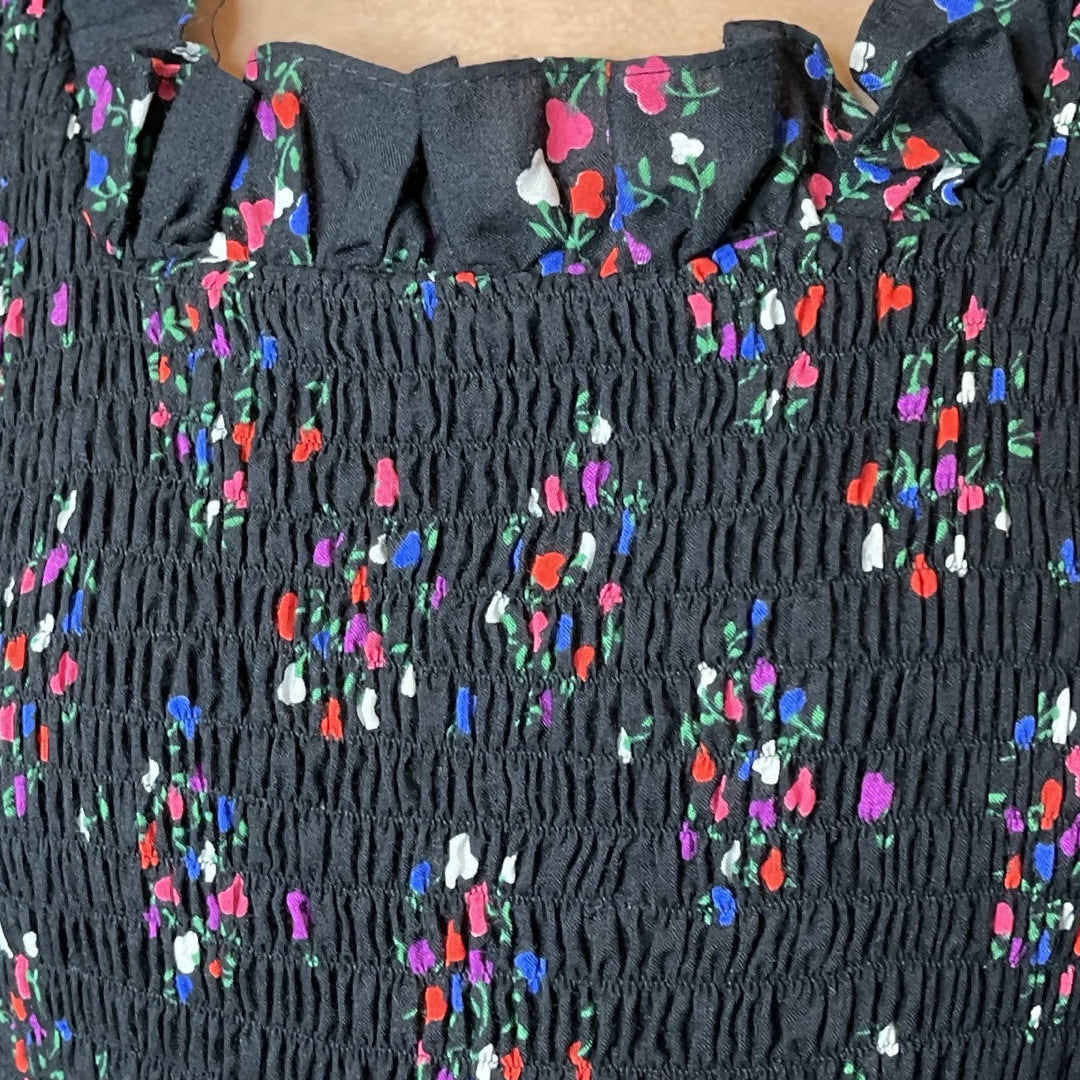 Original 1970's Vintage Black Maxi Dress With Floral Print UK 10 - 12