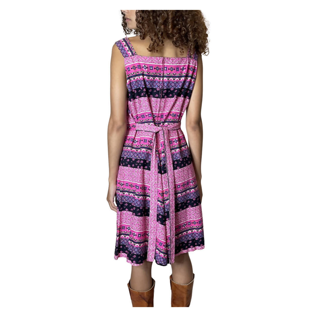 1970's Original Vintage Pink & Multi Coloured Floral Print Dress UK 8 - 12