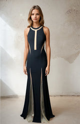 1970'S Vintage Black with Sheer Panelling Maxi Dress Uk 8 - 10