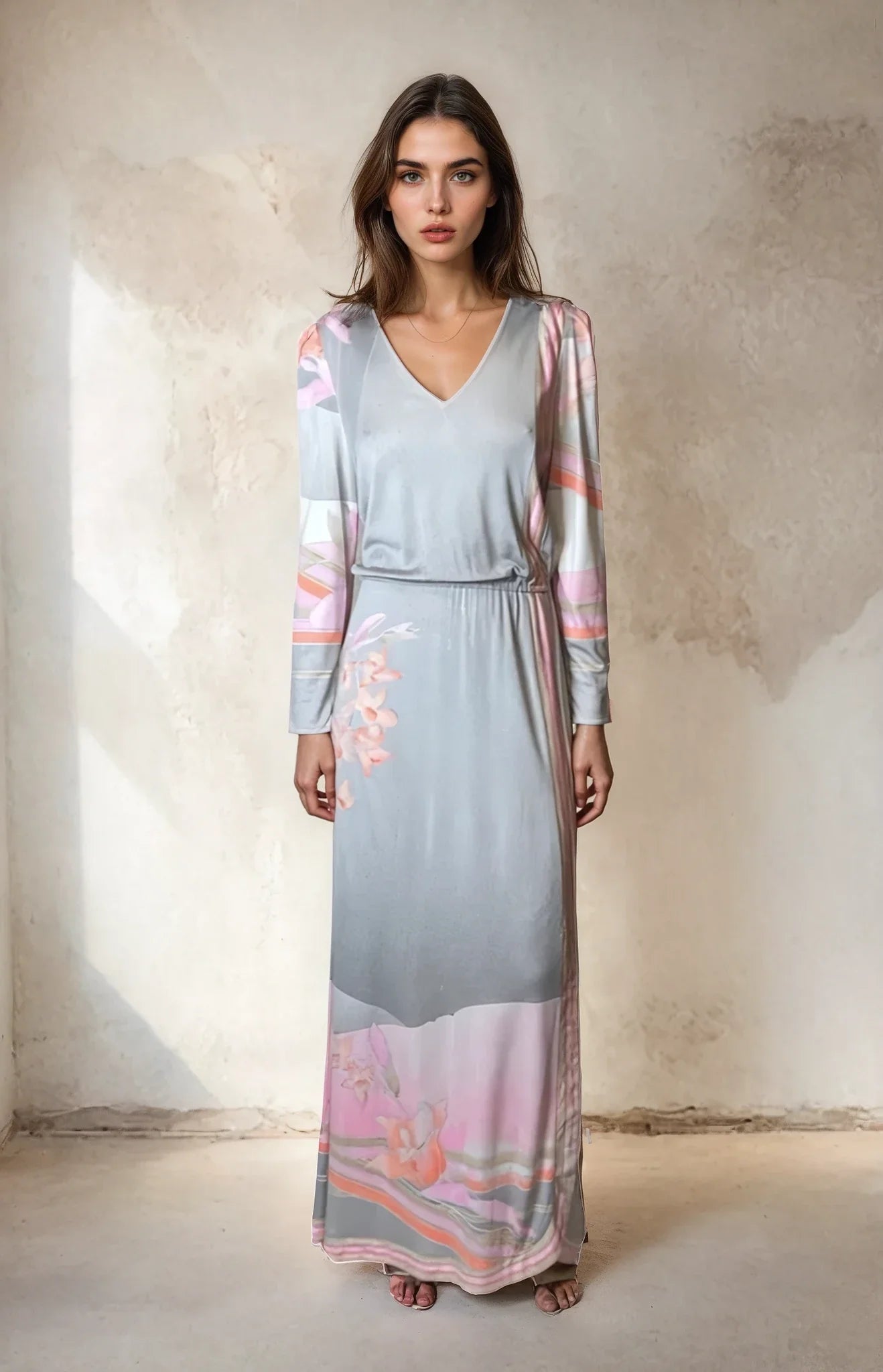 1970's Original Vintage Grey Leonard Floral Maxi Dress UK 10 -12