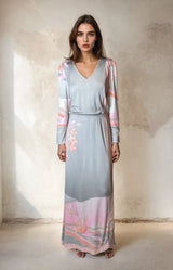 1970's Original Vintage Grey Leonard Floral Maxi Dress UK 10 -12