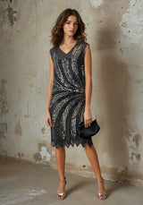 Vintage Black & Silver Sequin Flapper Dress Uk 10 - 12