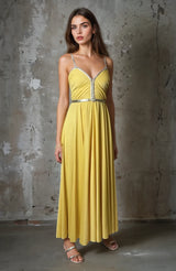 Original 1970'S Vintage Yellow & Gold Strap Maxi Dress