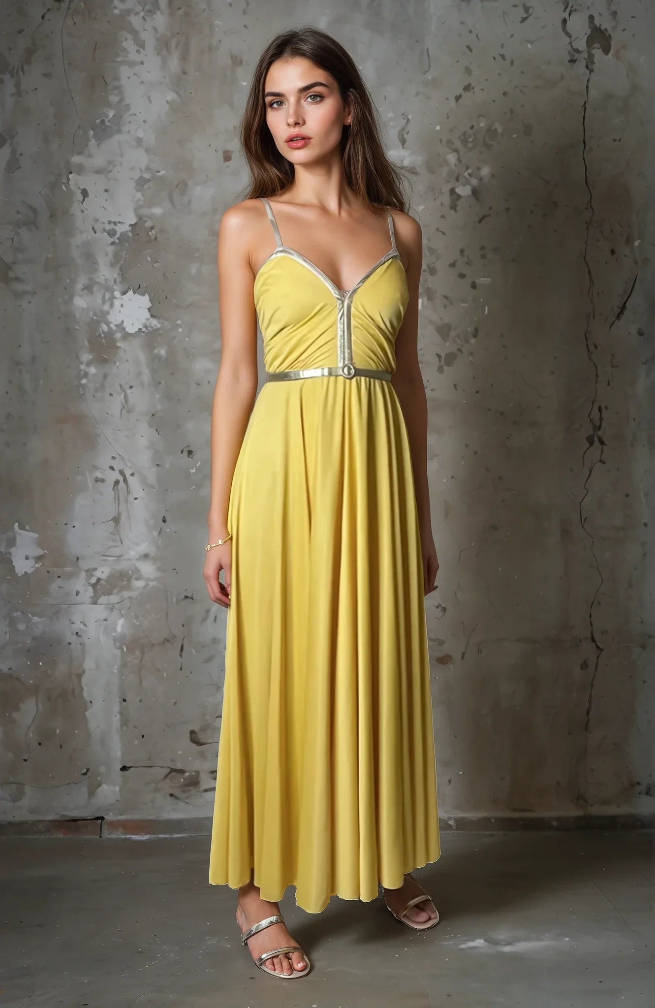 Original 1970'S Vintage Yellow & Gold Strap Maxi Dress