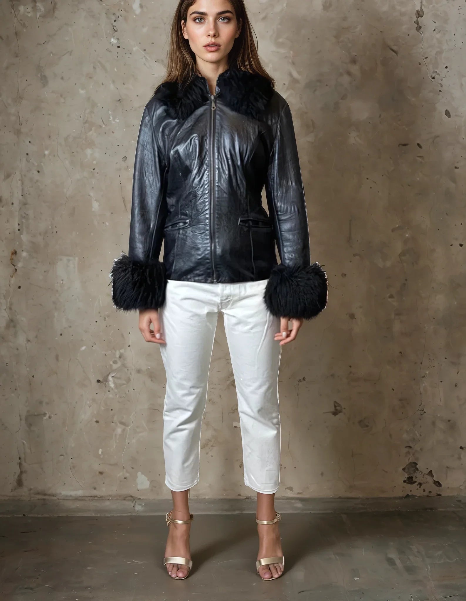 Super Cute Original Vintage 1980's Black Leather & Sheepskin Coat UK 8 - 12