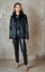 Original 1970's Vintage Black Fur Hooded Coat UK 8 - 12