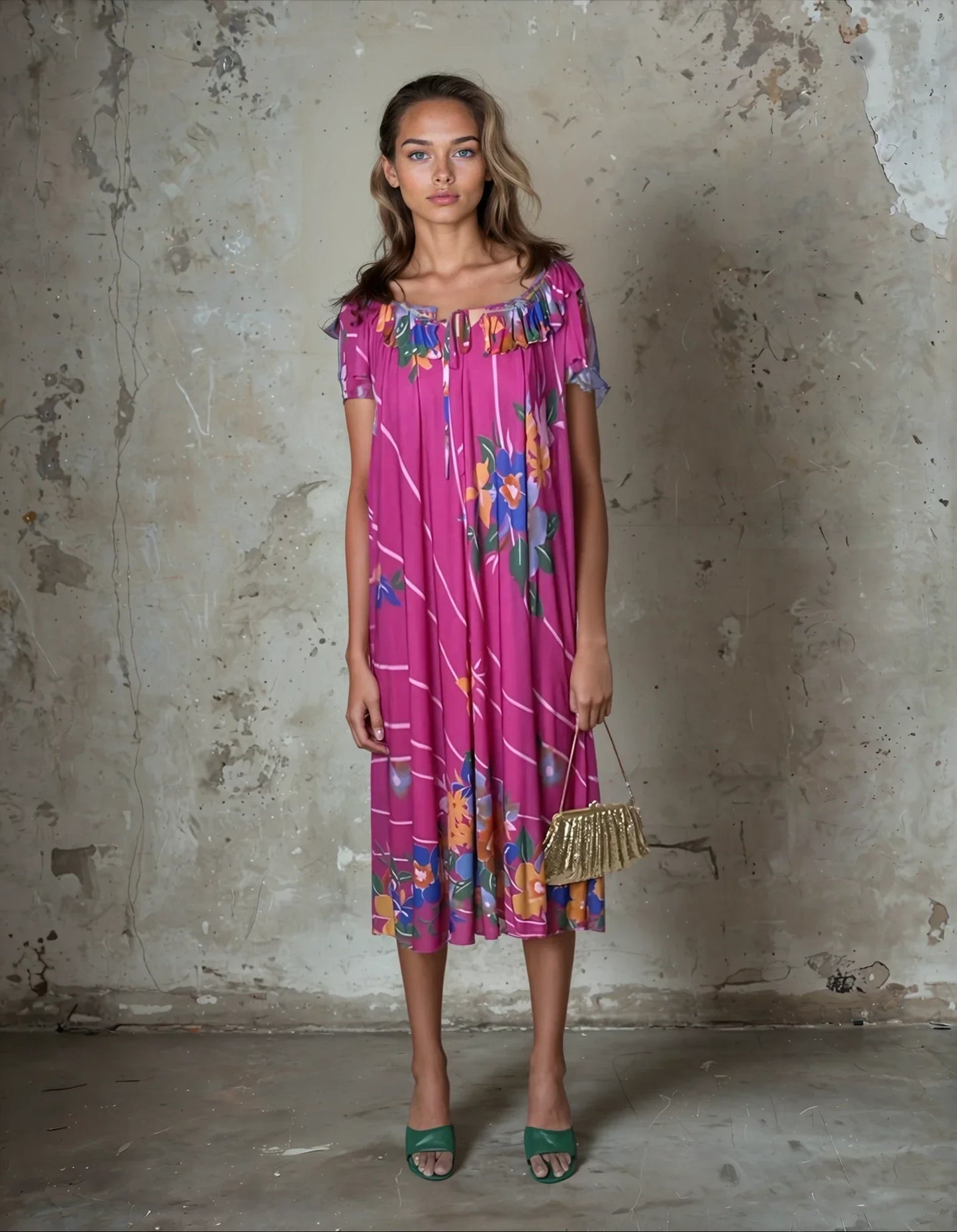 Original 1970's Vintage Bright Pink Floral Dress UK 8 - 12