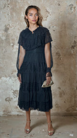 Original 1970's Vintage Black Sheer & Lace Dress UK 12 - 14