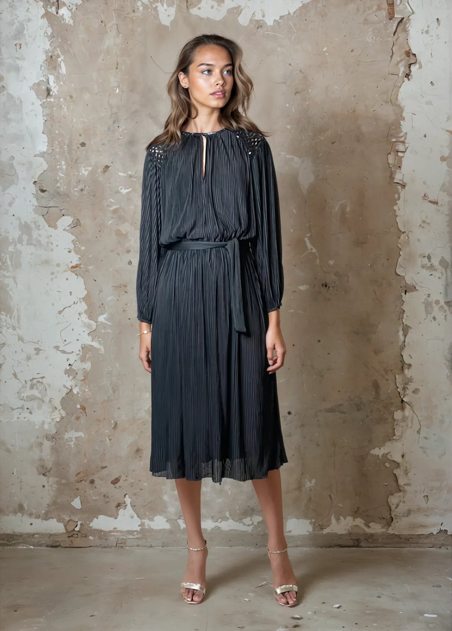 1970'S Vintage Original Black Pleated Long Sleeved Dress Uk 10 - 12