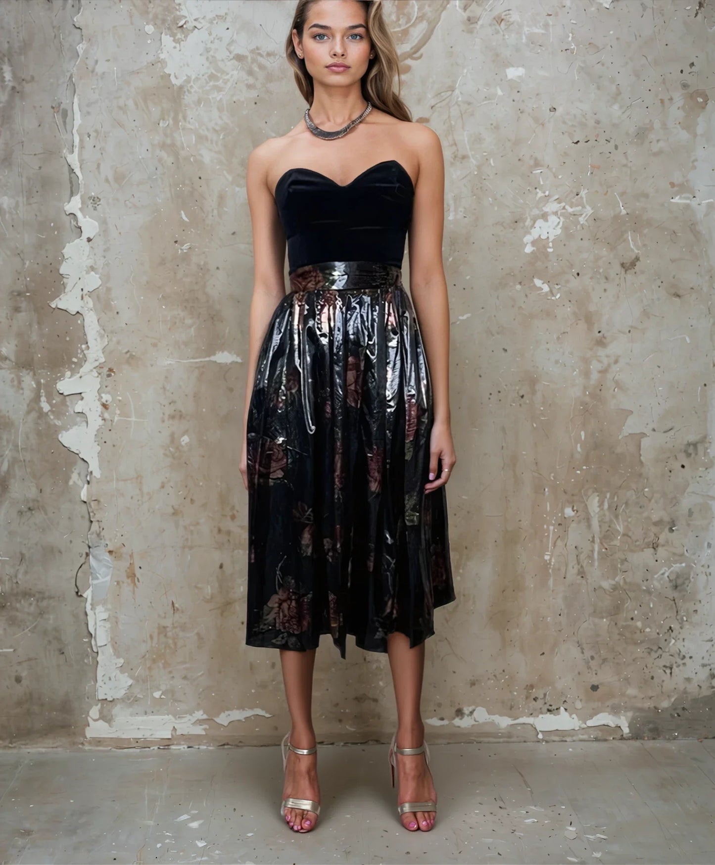Original 1970's Vintage Black Velvet & Bronze Floral Print Dress by Radley UK 8 - 12