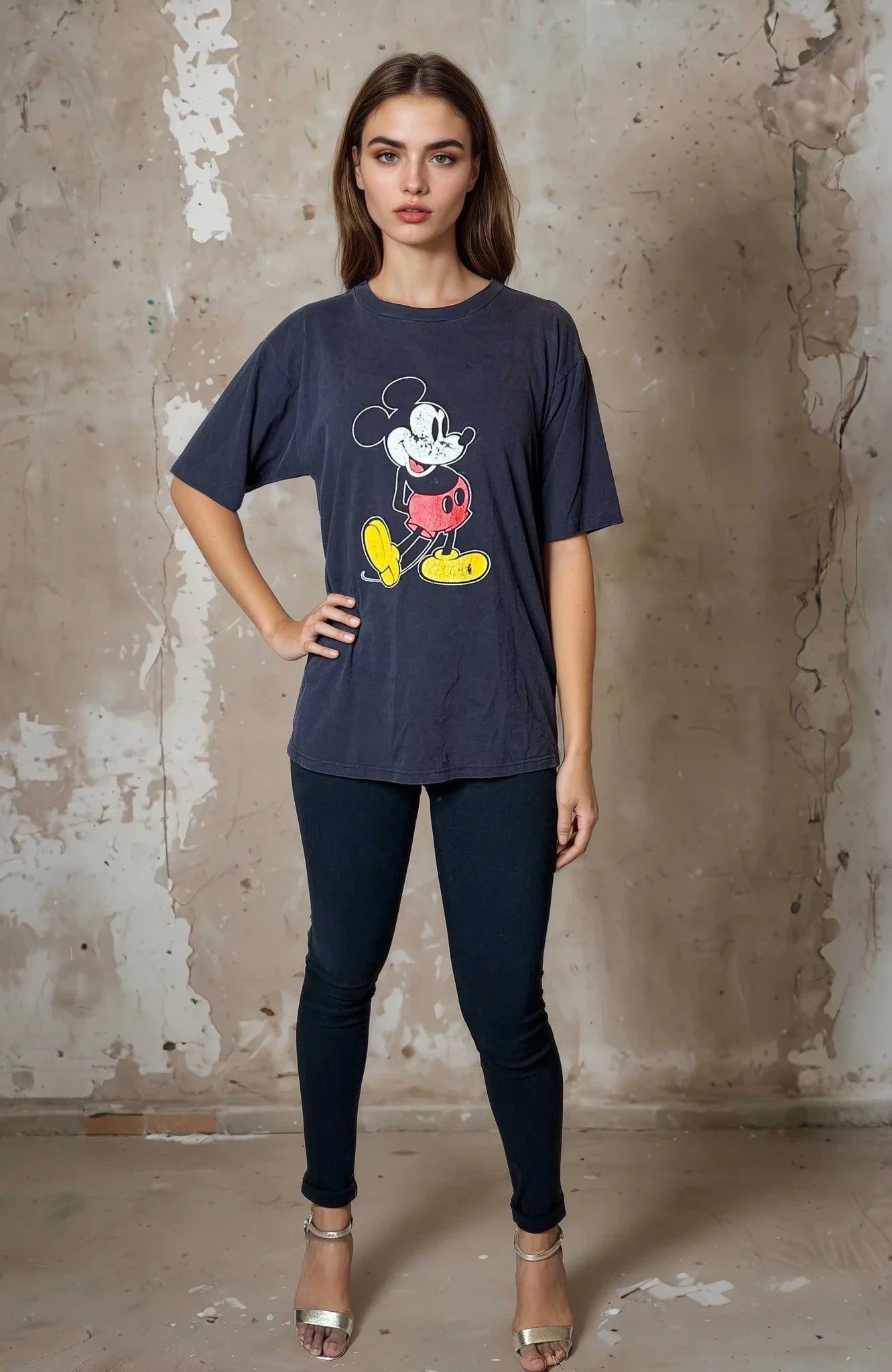 Original Vintage 1980's Mickey Mouse Black T Shirt UK 8 - 12