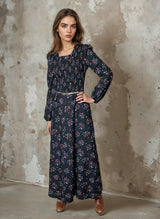 Original 1970's Vintage Black Maxi Dress With Floral Print UK 10 - 12