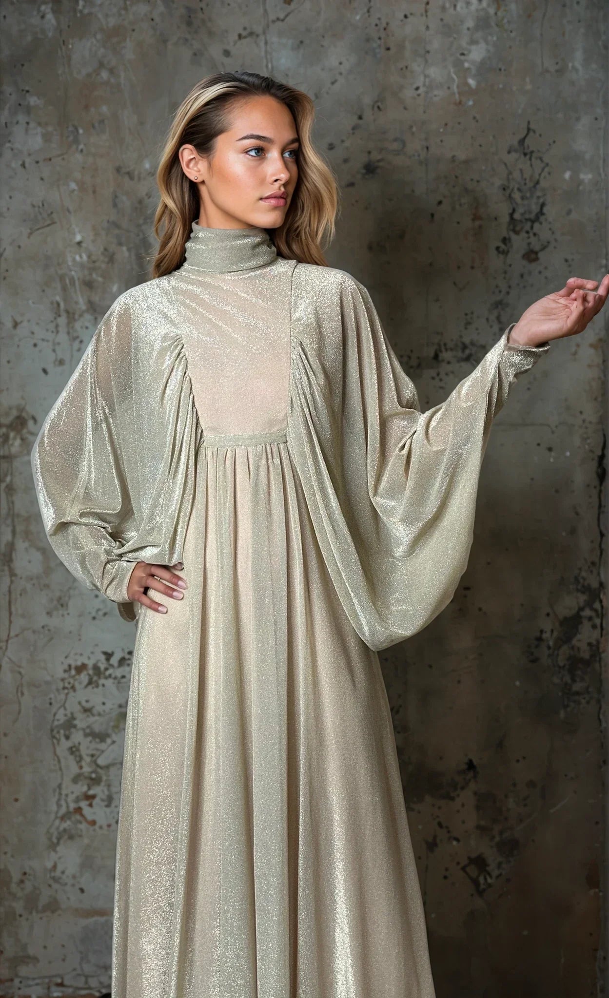 1970's Original Vintage Gold Goddess Maxi Dress UK 8 - 12