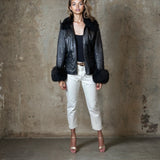 Super Cute Original Vintage 1980's Black Leather & Sheepskin Coat UK 8 - 12