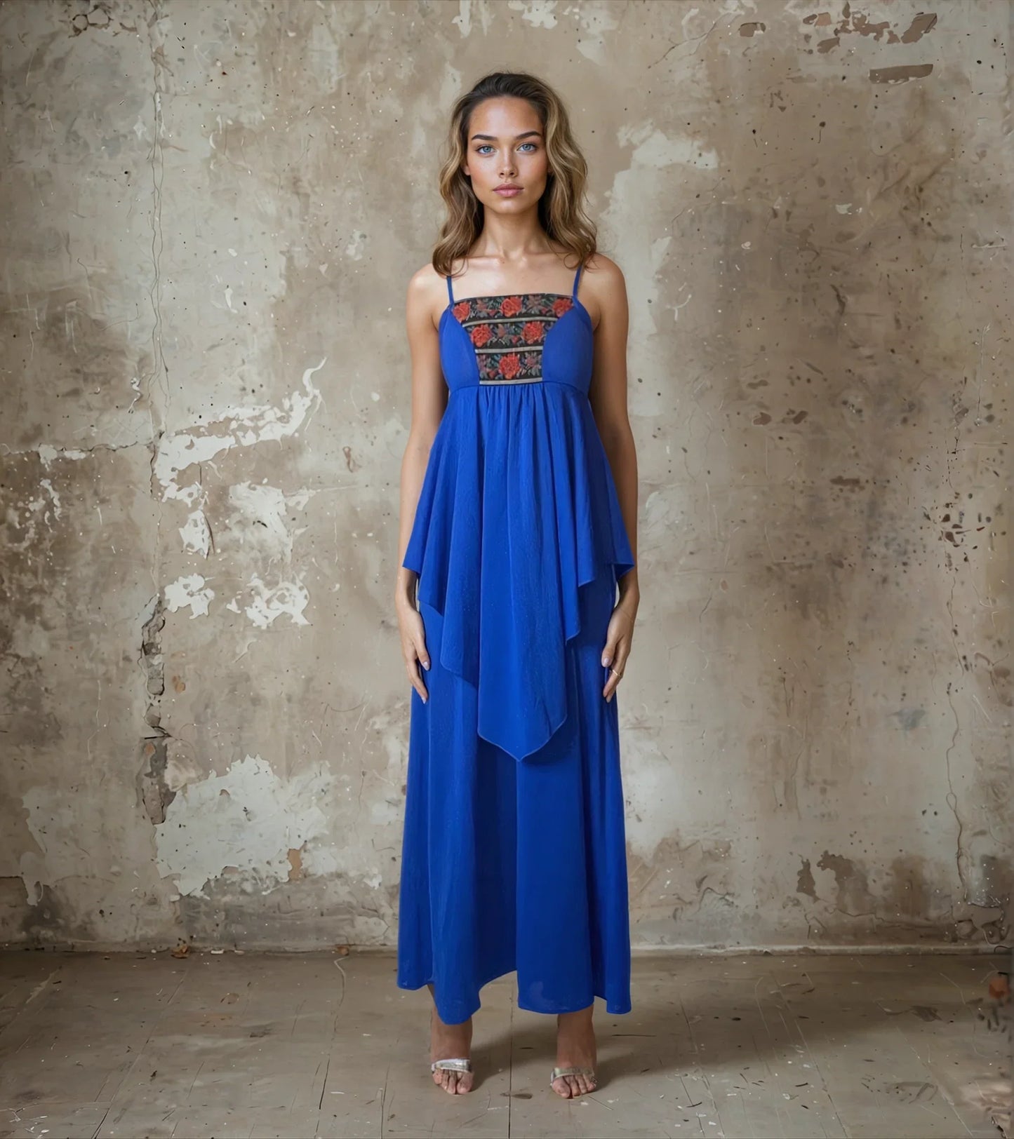 Original Beautiful 1970's Vintage Floral Trim Blue Strapped Dress UK 8 - 10
