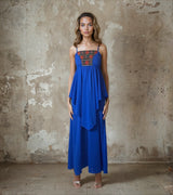 Original Beautiful 1970's Vintage Floral Trim Blue Strapped Dress UK 8 - 10