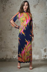 1970'S Original Vintage De Parisini by Gianni Versace Navy Floral & Palm Silk Print Maxi Dress Uk 8 - 10