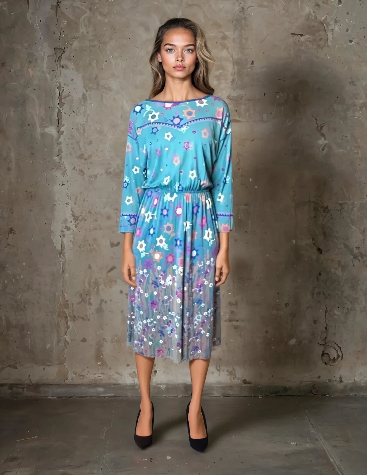 Original Vintage Virginie Paris Turquoise Floral Print Dress UK 8 - 12