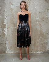 Original 1970's Vintage Black Velvet & Bronze Floral Print Dress by Radley UK 8 - 12