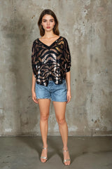 Original 1990's Vintage Tiger Print Black & Bronze Sequin Top UK 8 - 12
