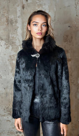 Original 1970's Vintage Black Fur Hooded Coat UK 8 - 12