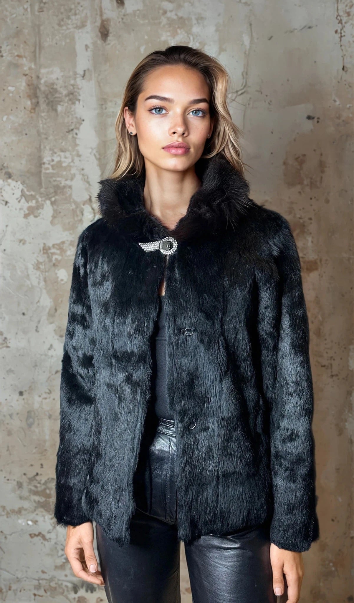 Original 1970's Vintage Black Fur Hooded Coat UK 8 - 12