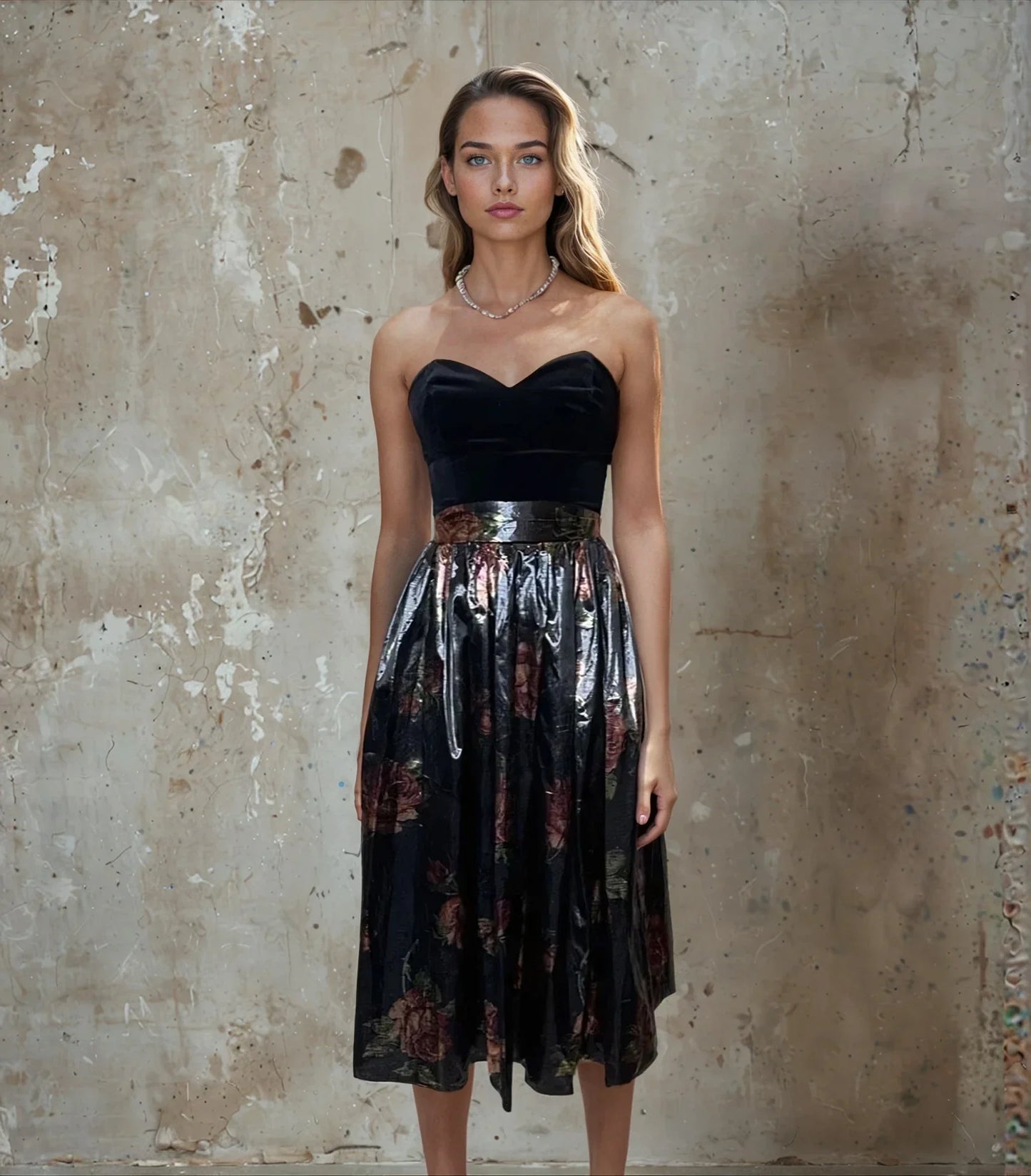 Original 1970's Vintage Black Velvet & Bronze Floral Print Dress by Radley UK 8 - 12
