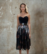 Original 1970's Vintage Black Velvet & Bronze Floral Print Dress by Radley UK 8 - 12