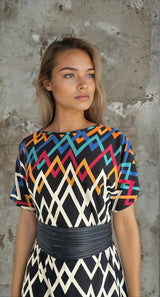 Stunning Original Vintage 1980's Virginie Paris Geometric Print Dress UK 8 - 12