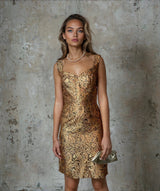 Gorgeous Original Vintage 1970's Gold / Bronze Brocade Dress UK 10 - 14