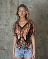 Original Vintage Late 1970's Black & Bronze Silk Sequin Butterfly Top UK 6 - 14