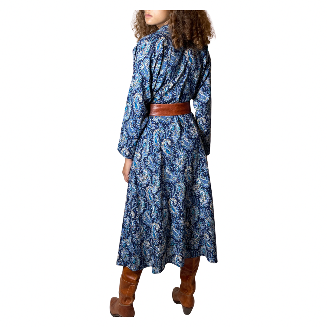 Original Vintage 1970's Liberty Print 100% Wool Paisley Print Blue Dress UK 10 - 12
