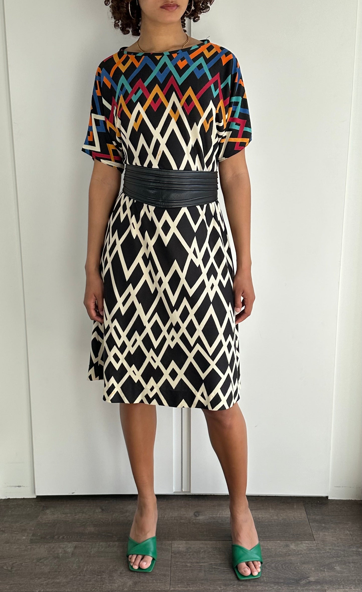 Stunning Original Vintage 1980's Virginie Paris Geometric Print Dress UK 8 - 12