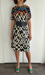 Stunning Original Vintage 1980's Virginie Paris Geometric Print Dress UK 8 - 12