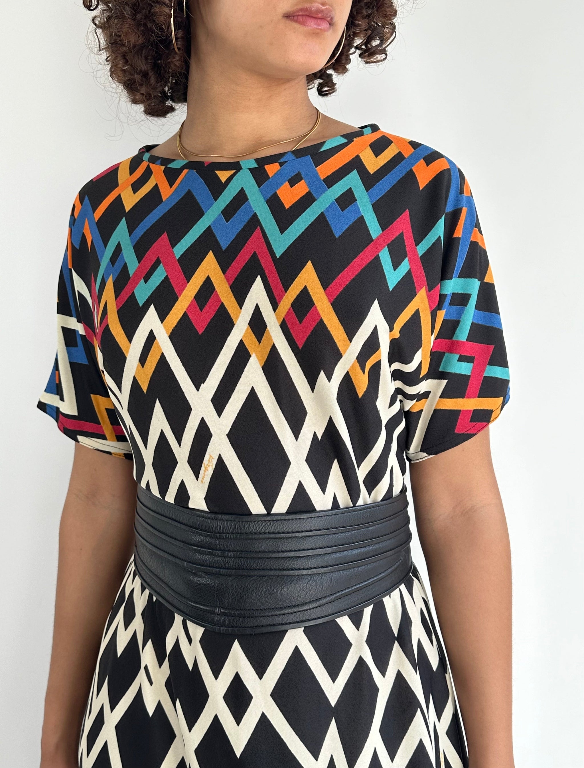 Stunning Original Vintage 1980's Virginie Paris Geometric Print Dress UK 8 - 12