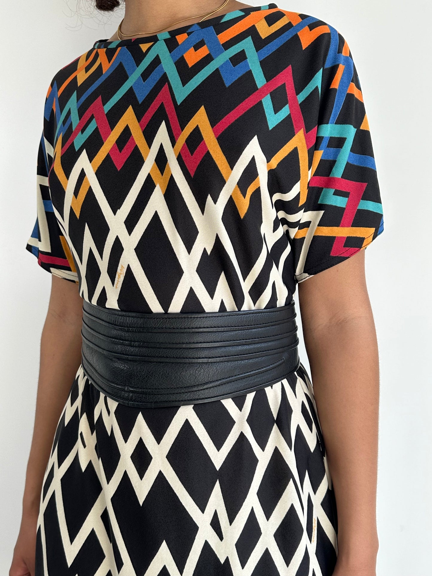 Stunning Original Vintage 1980's Virginie Paris Geometric Print Dress UK 8 - 12