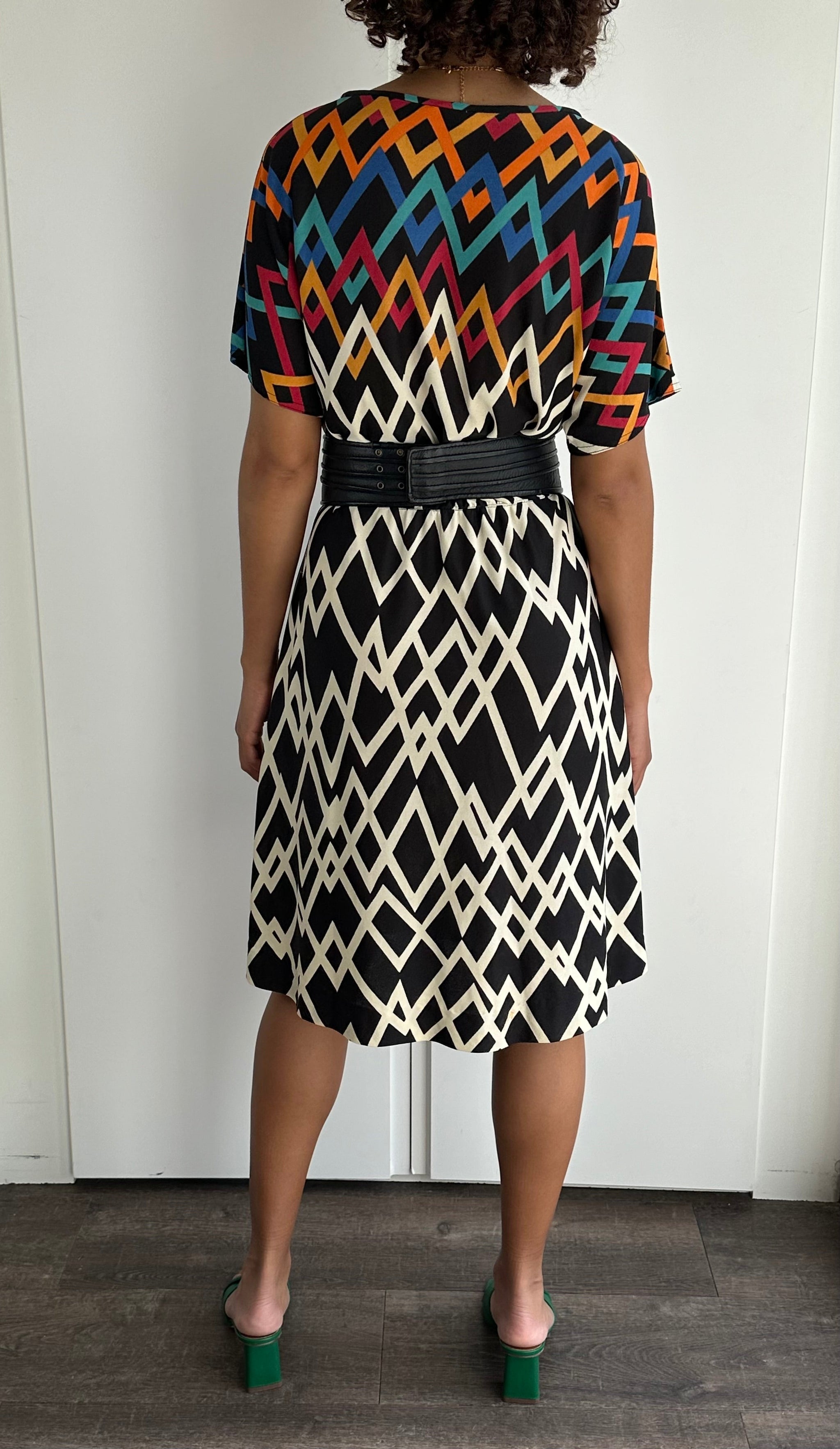 Stunning Original Vintage 1980's Virginie Paris Geometric Print Dress UK 8 - 12