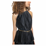 Vintage 1970's Black Thin Pleated & Tiered High Collar Dress UK 10 - 12