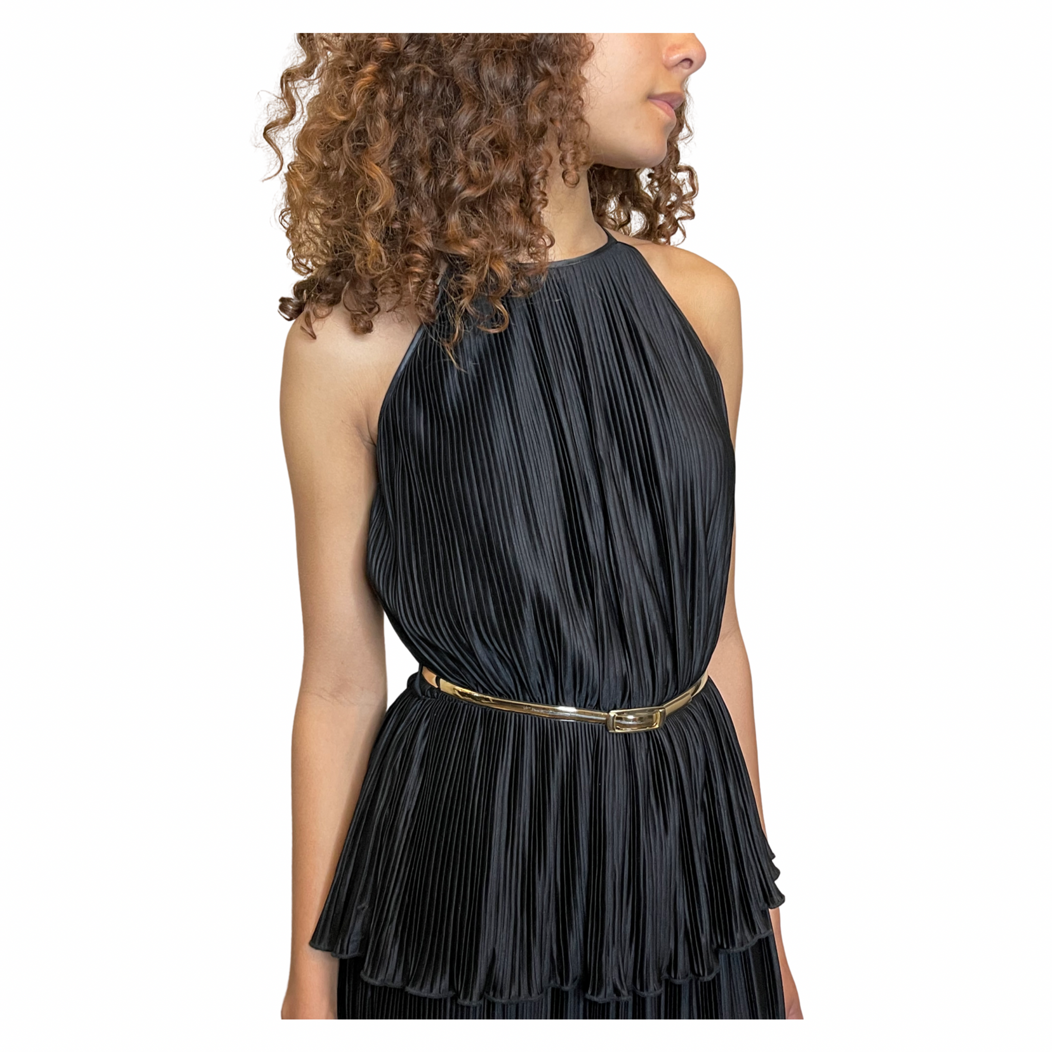 Vintage 1970's Black Thin Pleated & Tiered High Collar Dress UK 10 - 12