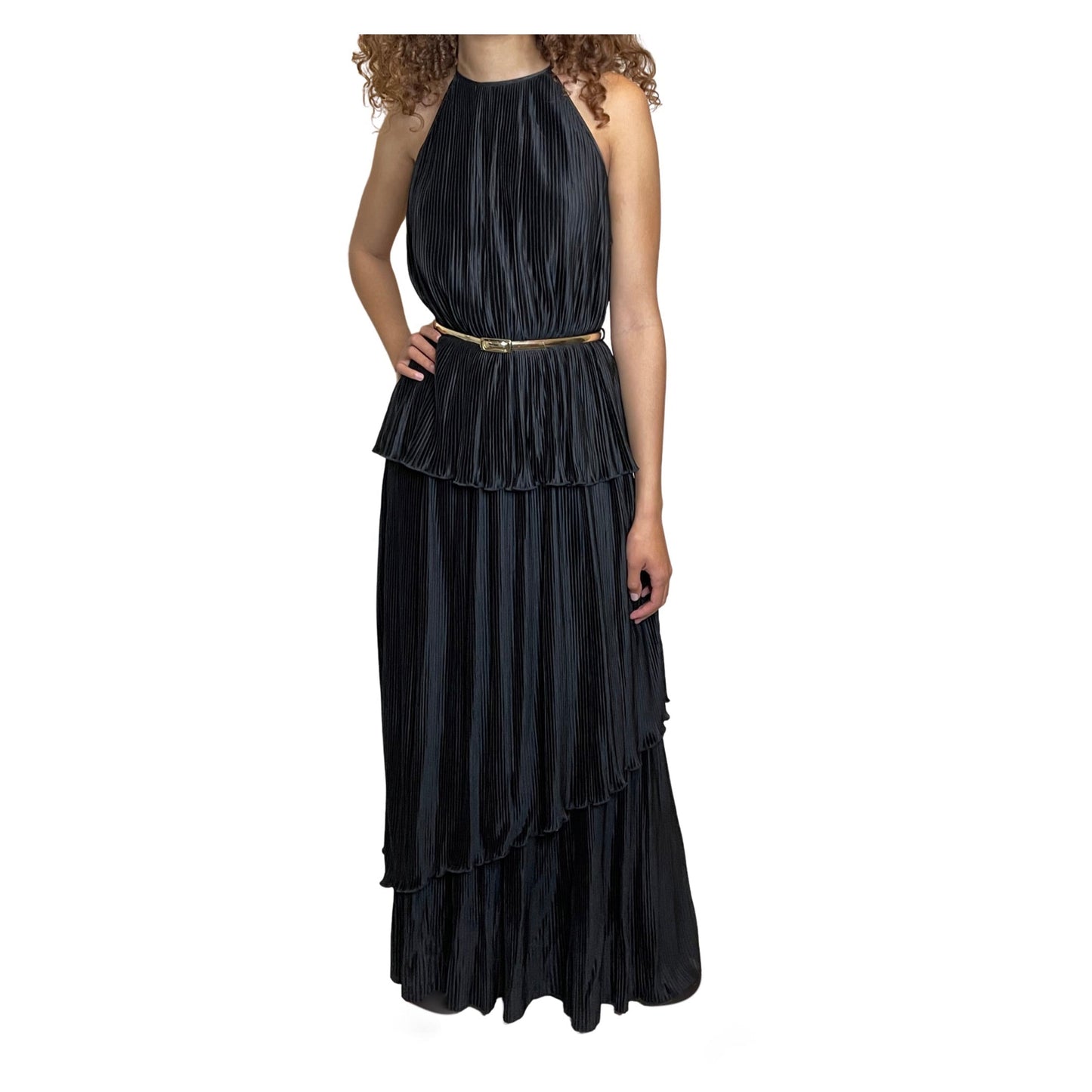 Vintage 1970's Black Thin Pleated & Tiered High Collar Dress UK 10 - 12