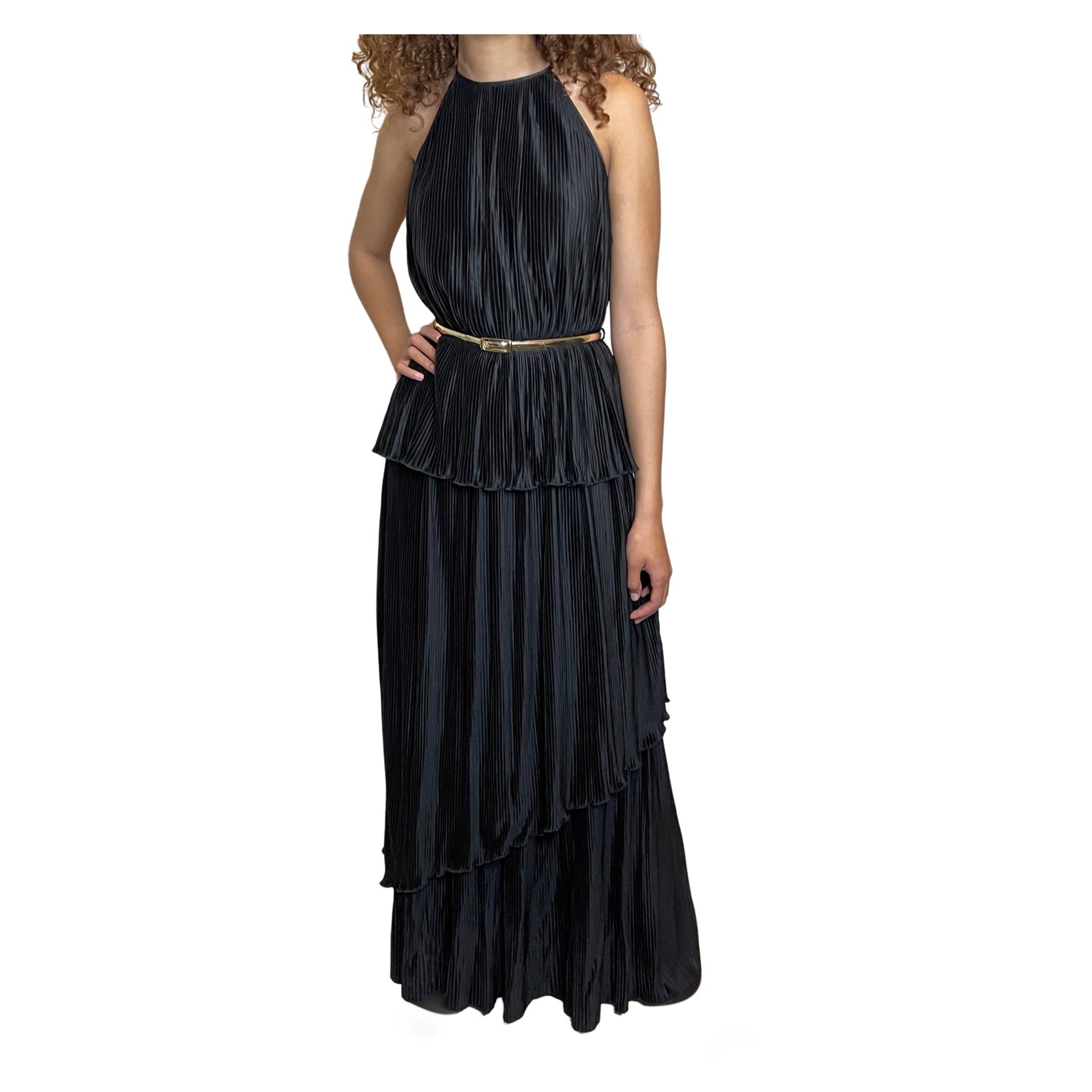 Vintage 1970's Black Thin Pleated & Tiered High Collar Dress UK 10 - 12