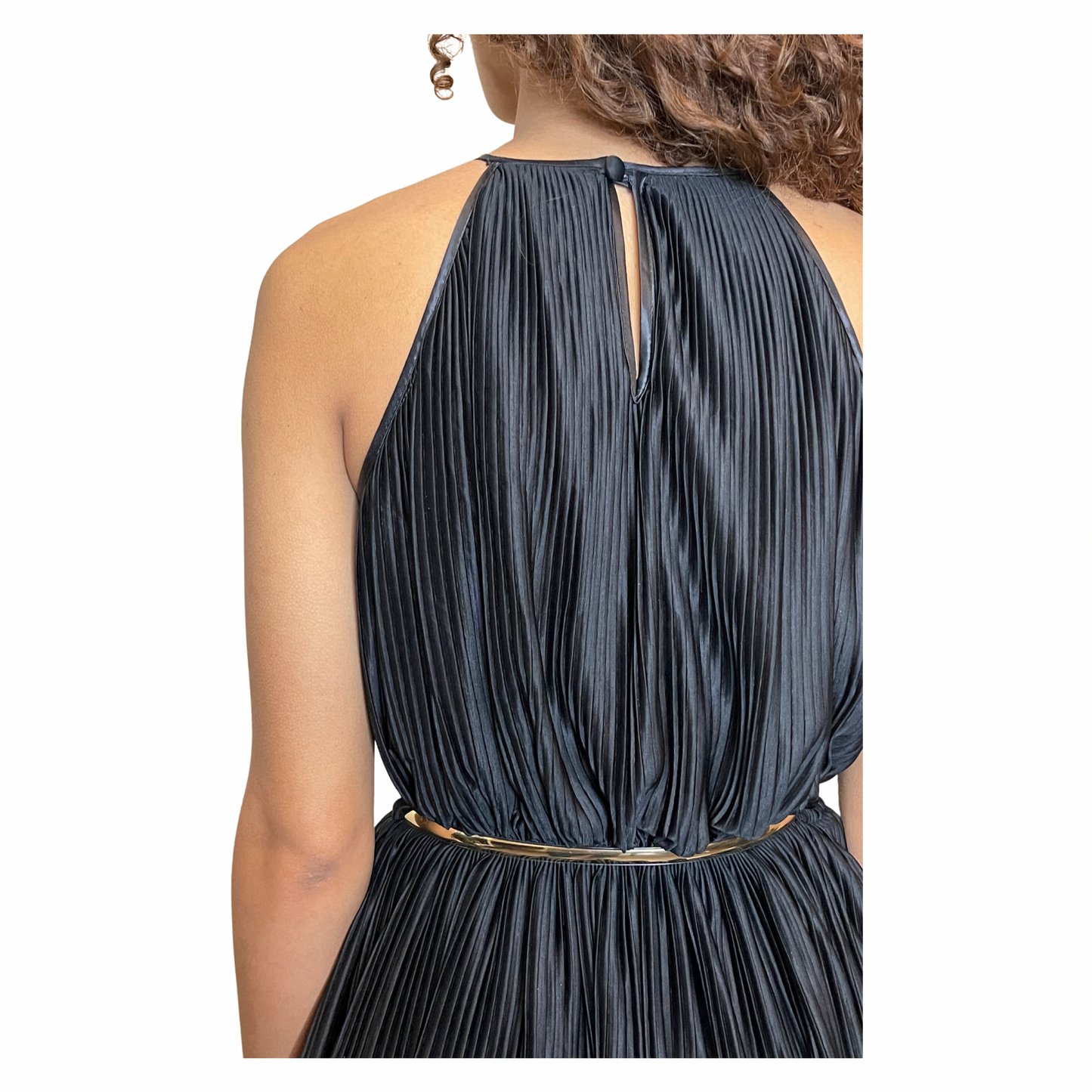 Vintage 1970's Black Thin Pleated & Tiered High Collar Dress UK 10 - 12